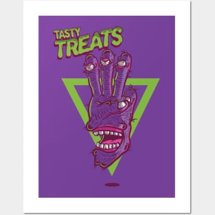 THREE FINGER MONSTER TASTY TREATS DESIGN T-shirt STICKERS CASES MUGS WALL ART NOTEBOOKS PILLOWS TOTES TAPESTRIES PINS MAGNETS MASKS Posters and Art